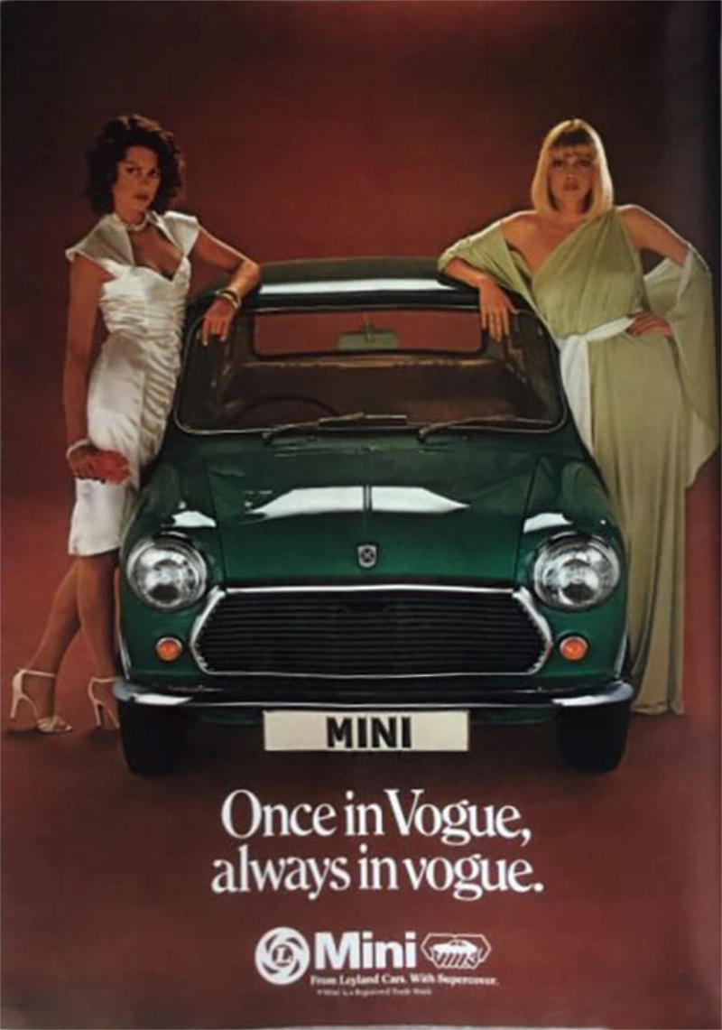 Mini Cooper vintage auto ad; Once in Vogue, always in vogue